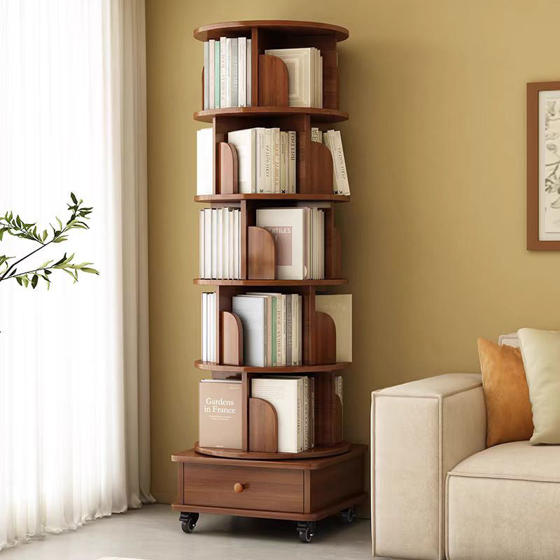 (UPGRADED) Rotating Bookshelf, 360 Display Corner Bookshelf for Small Space, 6 Tier Bookcase Storage Rack with Wheels, Wood Narrow Organizer for Bedroom, Living Room, Study Room, Walnut Brown - Grand Goldman Shop