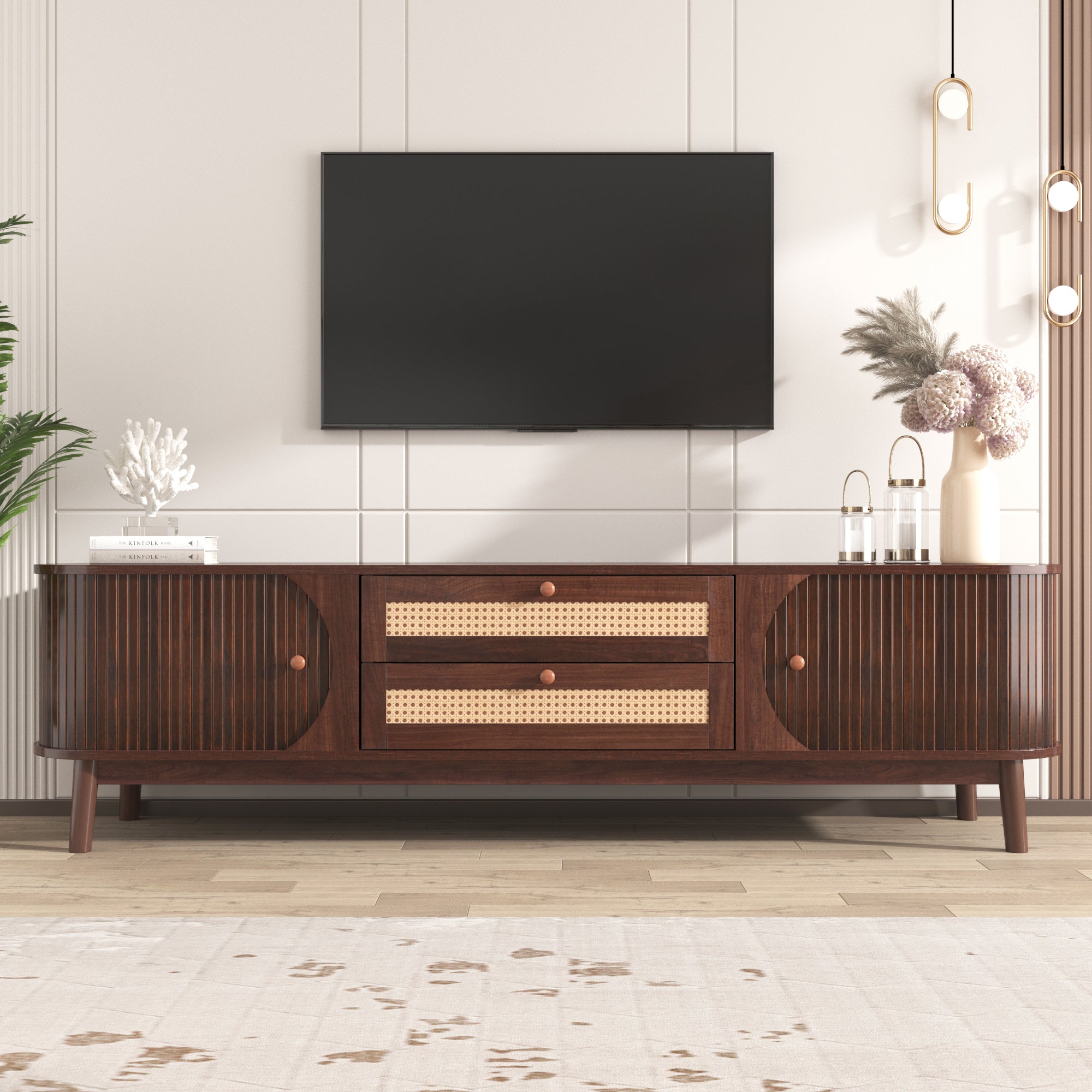 Modern Farmhouse Rattan TV Stand for TVs up to 75'', Natural Wood and Brown Solid Wood Legs, MDF Cabinet with Rattan Drawers and Sliding Doors, 66.93'' L Living Room Entertainment Console - Grand Goldman Shop