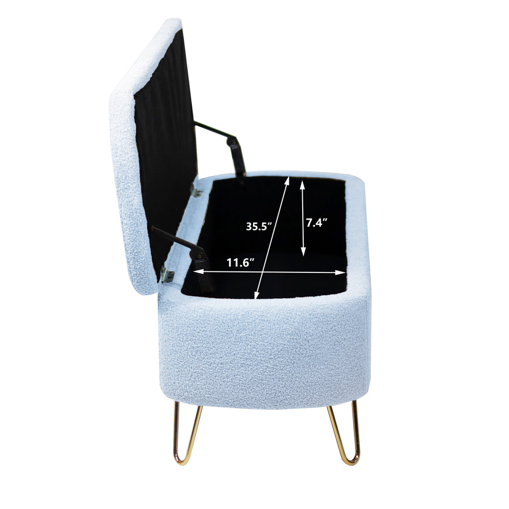 Blue Storage Ottoman Bench for End of Bed Gold Legs, Modern Grey Faux Fur Entryway Bench Upholstered Padded with Storage for Living Room Bedroom - Grand Goldman Shop