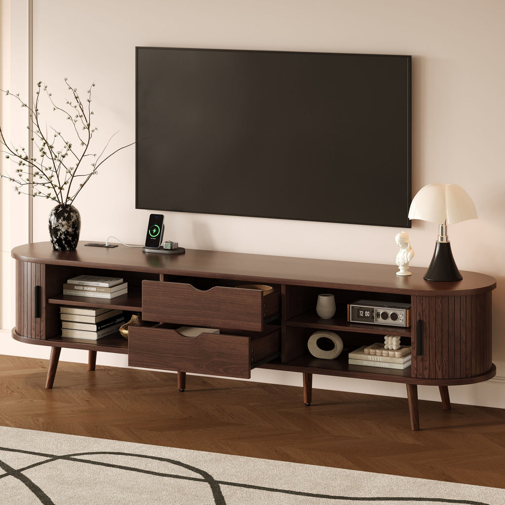 Mid Century Modern TV Stand for 70-Inch TV, Dark Brown MDF & Solid Wood Console with Tambour Doors, Drawers and Built-in Power Outlet - Grand Goldman Shop