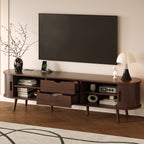 Mid Century Modern TV Stand for 70-Inch TV, Dark Brown MDF & Solid Wood Console with Tambour Doors, Drawers and Built-in Power Outlet - Grand Goldman Shop