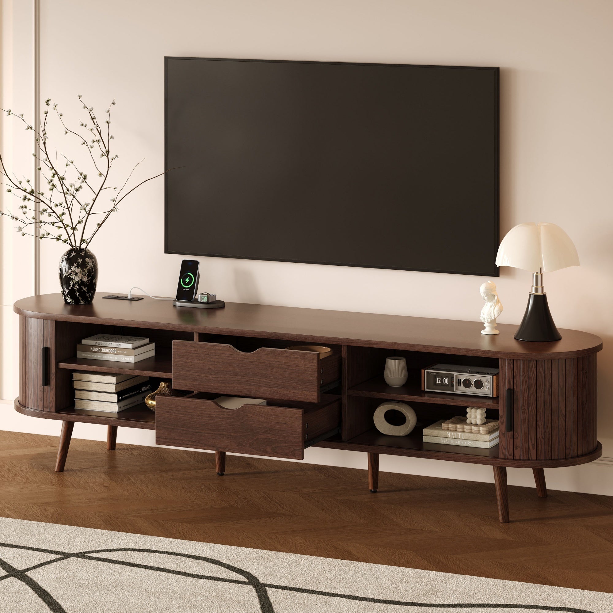 Mid Century Modern TV Stand for 70-Inch TV, Dark Brown MDF & Solid Wood Console with Tambour Doors, Drawers and Built-in Power Outlet - Grand Goldman Shop