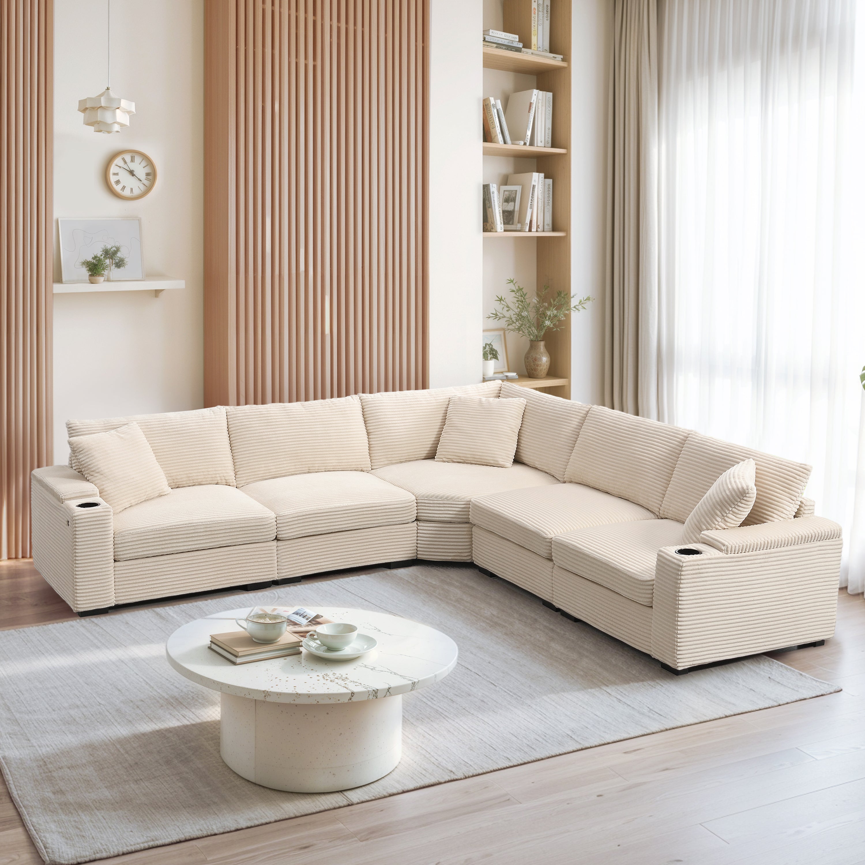 106' Convertible L Shaped Sectional Sofa,Corduroy Corner Couch with Armrest Storage,Cup Holders,USB Charger,Irregular Corner,Oversized Comfy Modular Sofa for Living Room,Apartment,2 Colors - Grand Goldman Shop