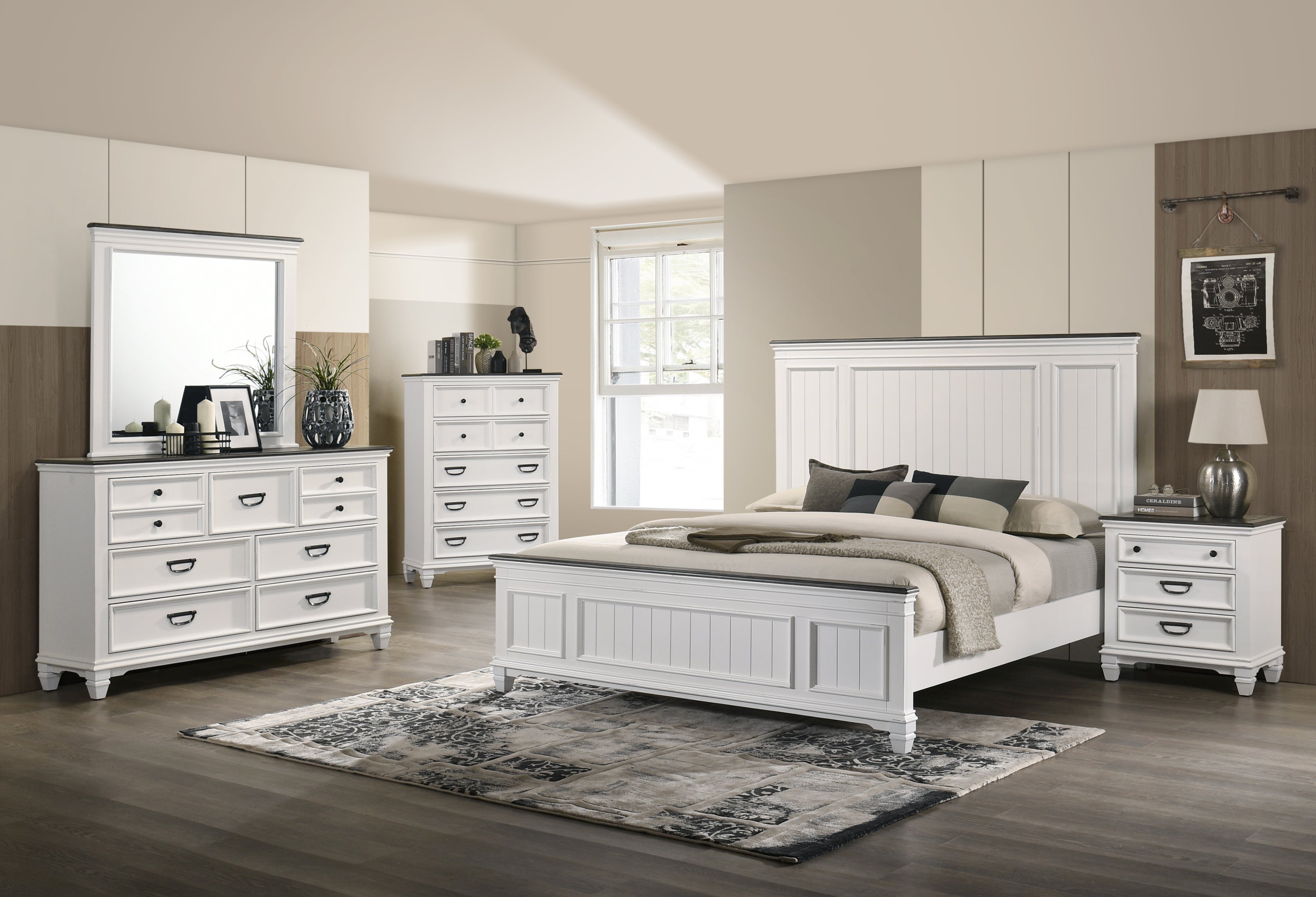 Clelane Wood Bedroom 5 piece Set with Shiplap Panel King Bed, Dresser, Mirror, Nightstand, and Chest - Grand Goldman Shop