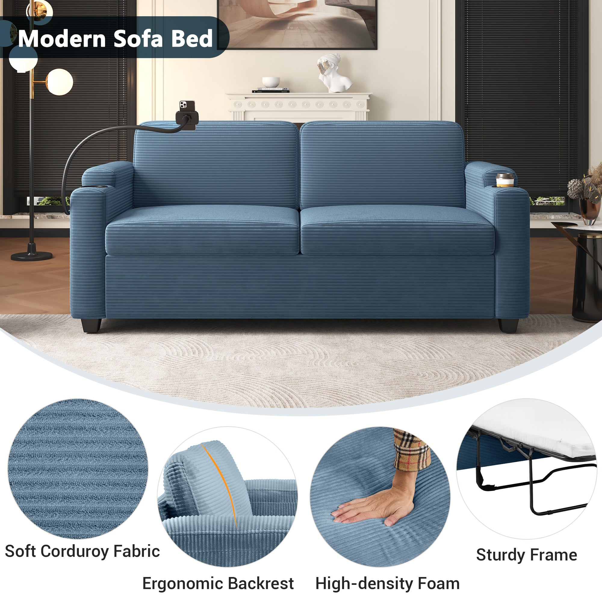 Navy Blue Corduroy Sleeper Sofa Loveseat with Full Size Mattress, USB Ports, Cup Holders, Side Pockets and Phone Holder - Grand Goldman Shop