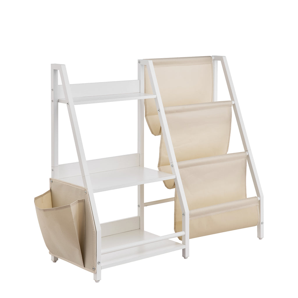 3-Tier Kids Bookshelf, Toy Storage Organizer for Toddler, Book Shelf for Kids Rooms with Sling Book Rack and Storage Bag, Kid