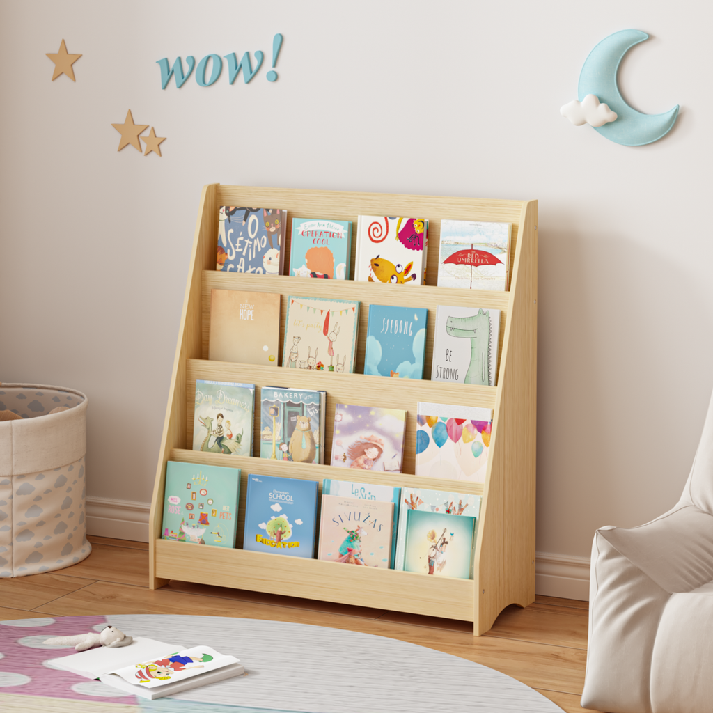 4-Tier Kids Bookshelf, Toddler Book Display Shelves, Natural Finish, Engineered Wood, 31.5 x 11.8 x 34.65 inches - Grand Gold