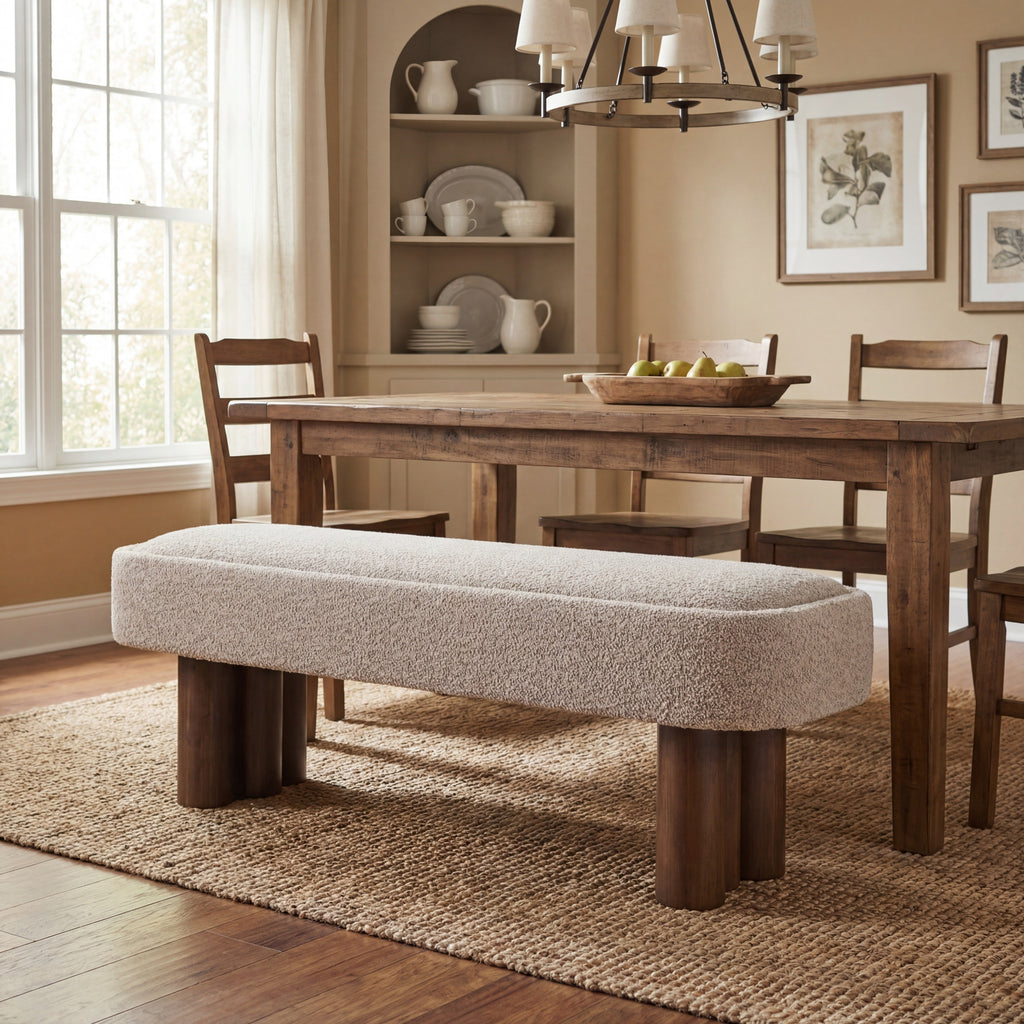 Indoor Khaki Boucle Dining Bench with Walnut Color Legs, 60.04'L Upholstered Seating for Kitchen, Dining Room and Living Space,250lbs Capacity - Grand Goldman Shop