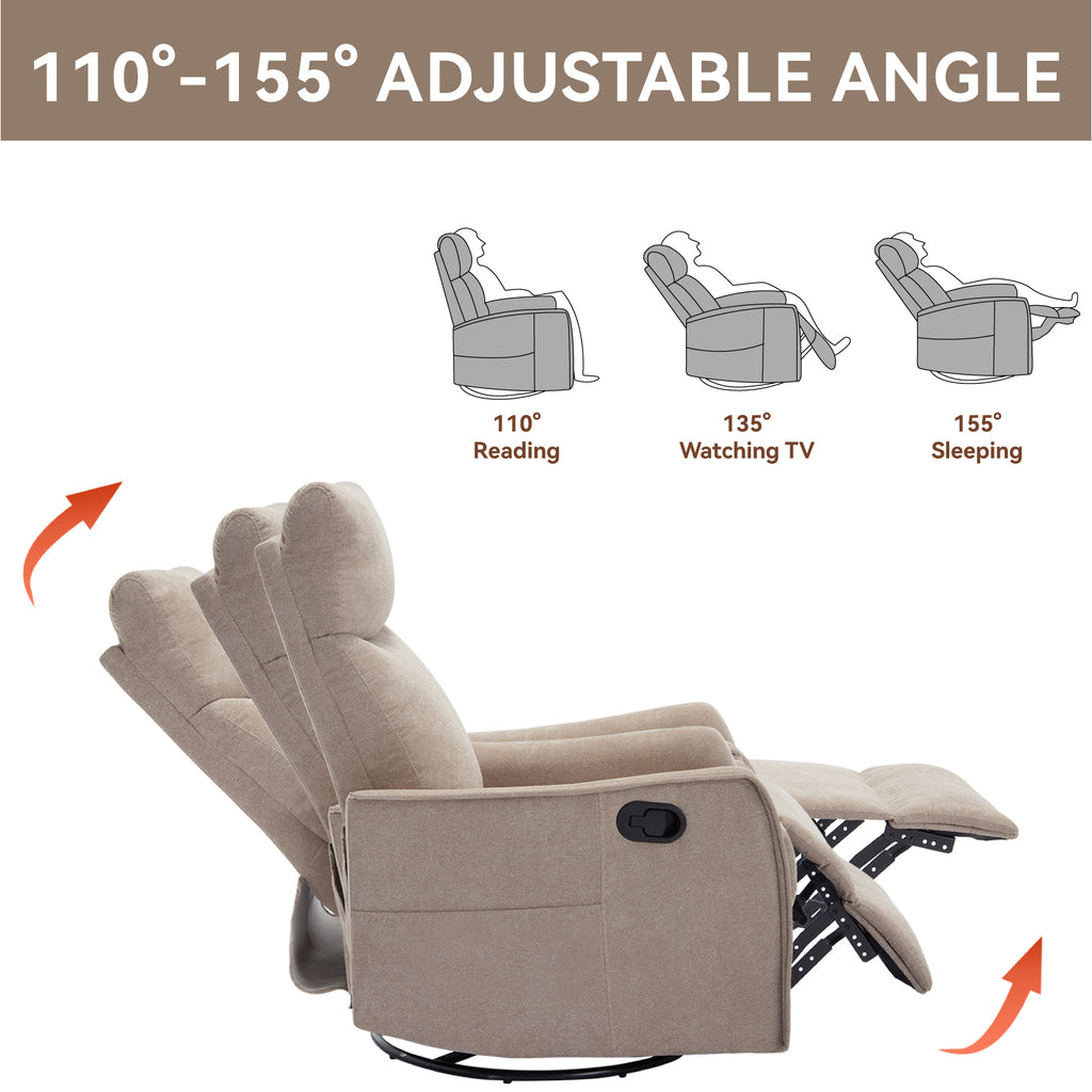 Heat Massage Manual Recliner Chair with Rocker and Swivel in Fabric for Living Room, Khaki - Grand Goldman Shop