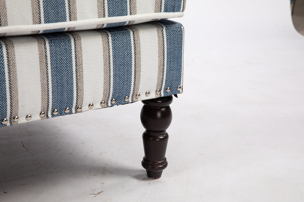 Upholstered Accent Chair, Vintage Armchair with Blue and White Striped Linen Fabric and Nailhead Trim for Living Room - Grand Goldman Shop