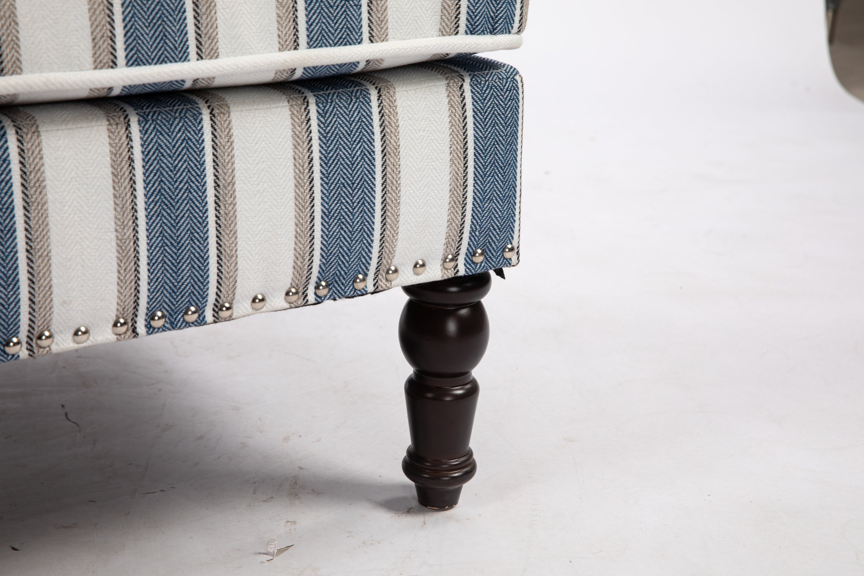 Upholstered Accent Chair, Vintage Armchair with Blue and White Striped Linen Fabric and Nailhead Trim for Living Room - Grand Goldman Shop