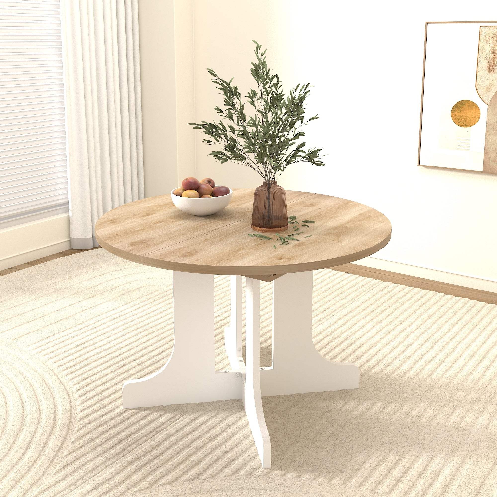 Dining Table for Farmhouse Kitchen 59x43 Inch Expandable Oval Table Top with Removable Leaf Trestle X Shaped Base White - Grand Goldman Shop