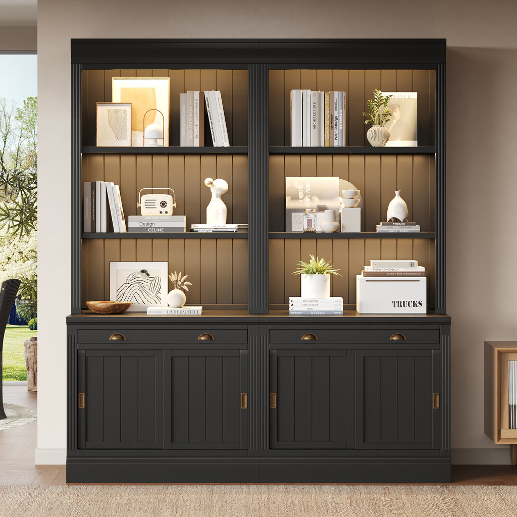 Stylish 83.4'Tall Bookshelf Suite with LED Lighting, Modern Bookcase Suite with Sliding Doors,Drawers and Open Shelves,Storag