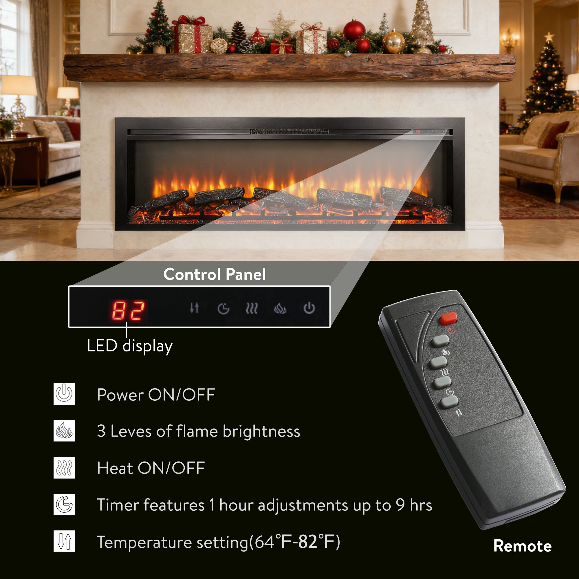 54 inch in wall recessed electric fireplace with remote and multi color flame & emberbed - Grand Goldman Shop
