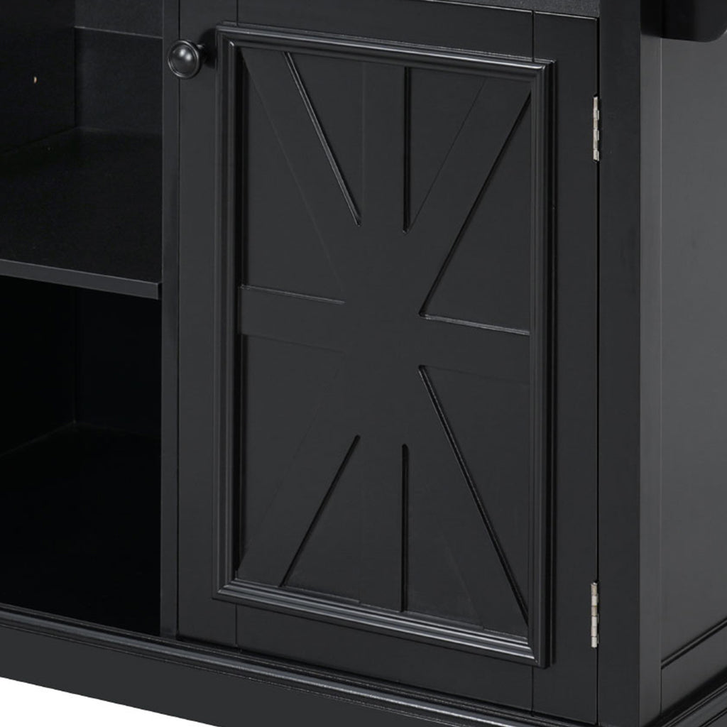 K&K 54.9' Kitchen Island with Drop Leaf, Power Outlet, Kitchen Storage Cart with 4 Door Shelves, Cross Barn Doors & Visual Glass Door, Rolling Kitchen Island on 4 Wheels for Kitchen, Dining Room,Black - Grand Goldman Shop