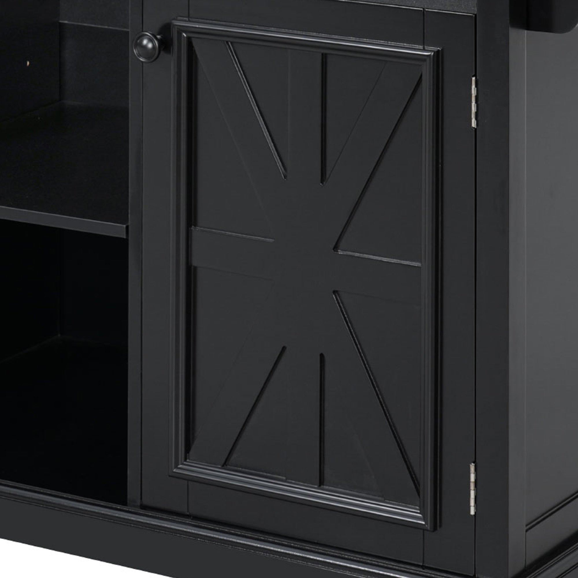 K&K 54.9' Kitchen Island with Drop Leaf, Power Outlet, Kitchen Storage Cart with 4 Door Shelves, Cross Barn Doors & Visual Glass Door, Rolling Kitchen Island on 4 Wheels for Kitchen, Dining Room,Black - Grand Goldman Shop