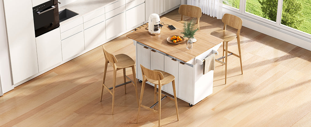 K&K 55.5' Fluted Kitchen Island with 2 Drop Leaf, Kitchen Storage Cart with Power Outlet, 4 Doors, Spice rack, Rolling Island Table with Wood-grain Top, Curved Edge for Kitchen, Dining Room,White - Grand Goldman Shop