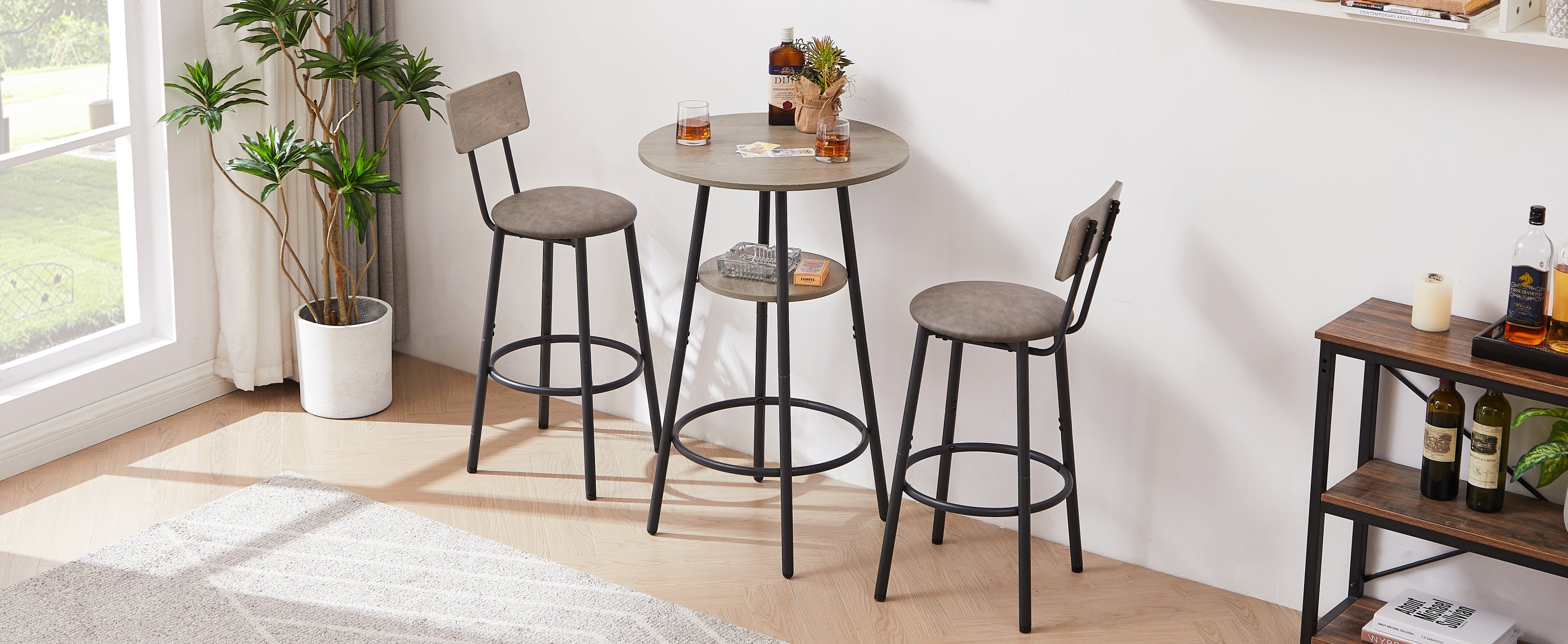 Round bar stool set with shelf, upholstered stool with backrest Grey, 23.62'' W x 23.62'' D x 35.43'' H. - Grand Goldman Shop