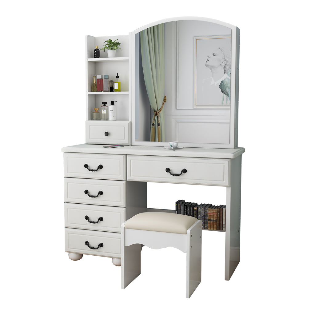 Fashion Vanity Desk with Mirror and Adjustable Lighting in White MDF, 6 Drawers, 3 Color Light Modes - Grand Goldman Shop
