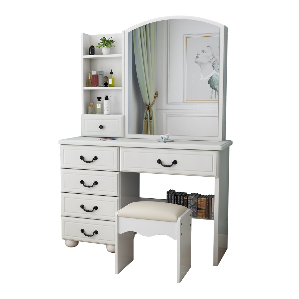 Fashion Vanity Desk with Mirror and Adjustable Lighting in White MDF, 6 Drawers, 3 Color Light Modes - Grand Goldman Shop