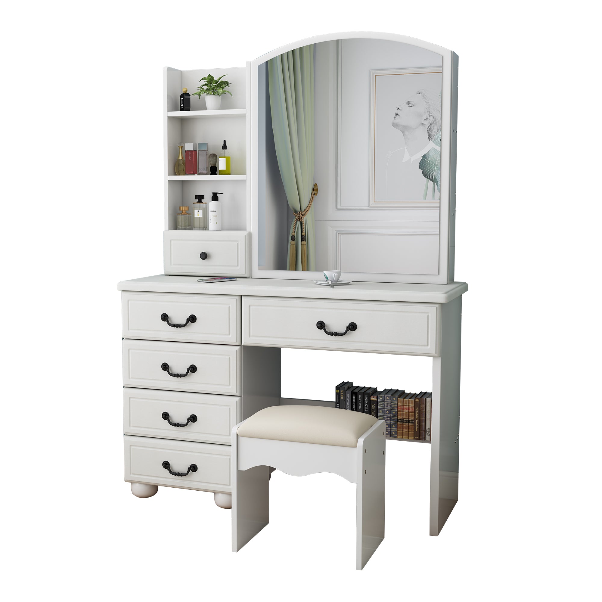Fashion Vanity Desk with Mirror and Adjustable Lighting in White MDF, 6 Drawers, 3 Color Light Modes - Grand Goldman Shop