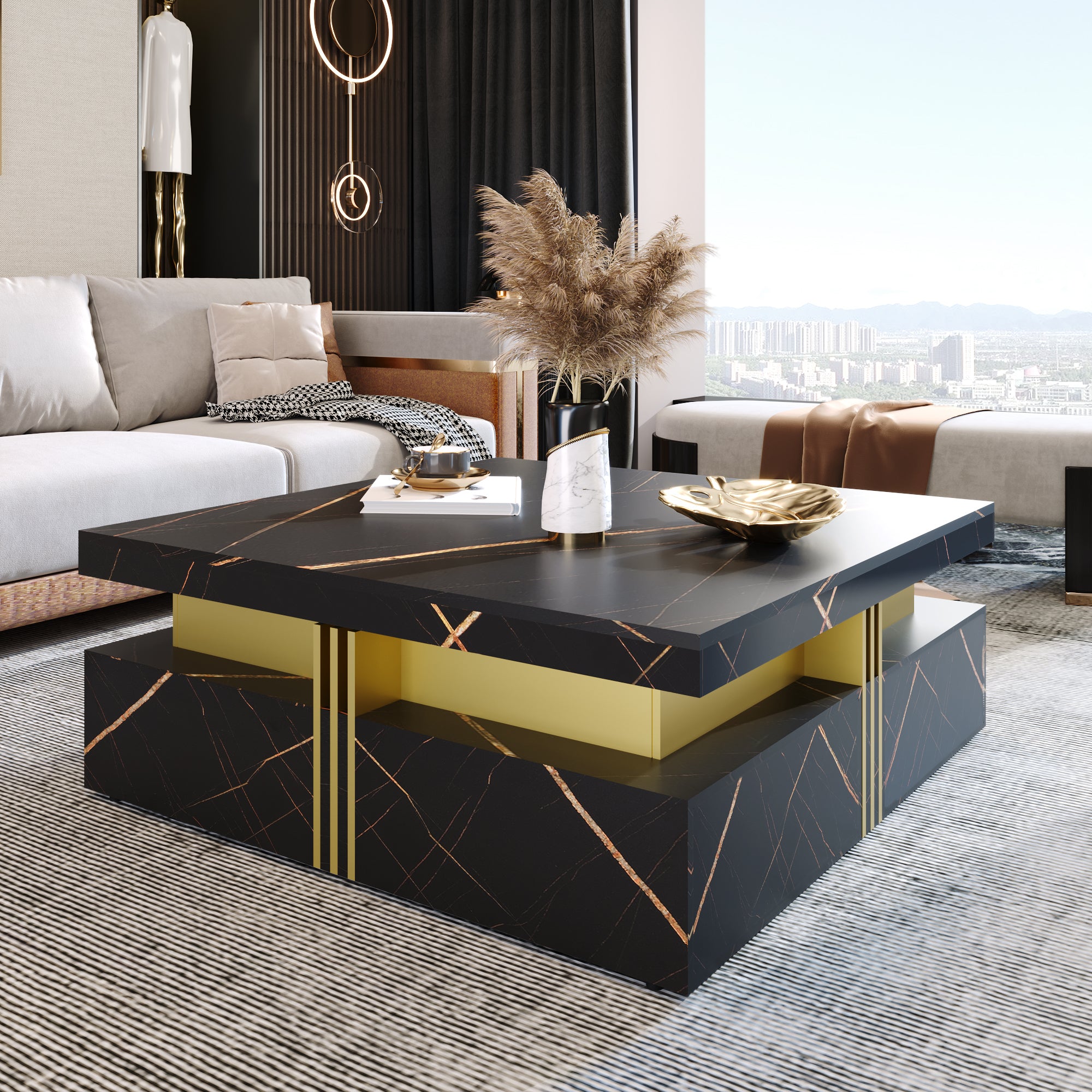 Modern Black Square Storage Coffee Table With 4 Drawers - Grand Goldman Shop