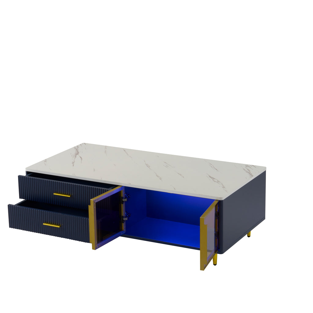 Modern Navy Blue Coffee Table with 2 Glass Door Storage, 4 Drawers, Gold Metal Legs, and Multi-Color Lighting in 47.2'' - Grand Goldman Shop