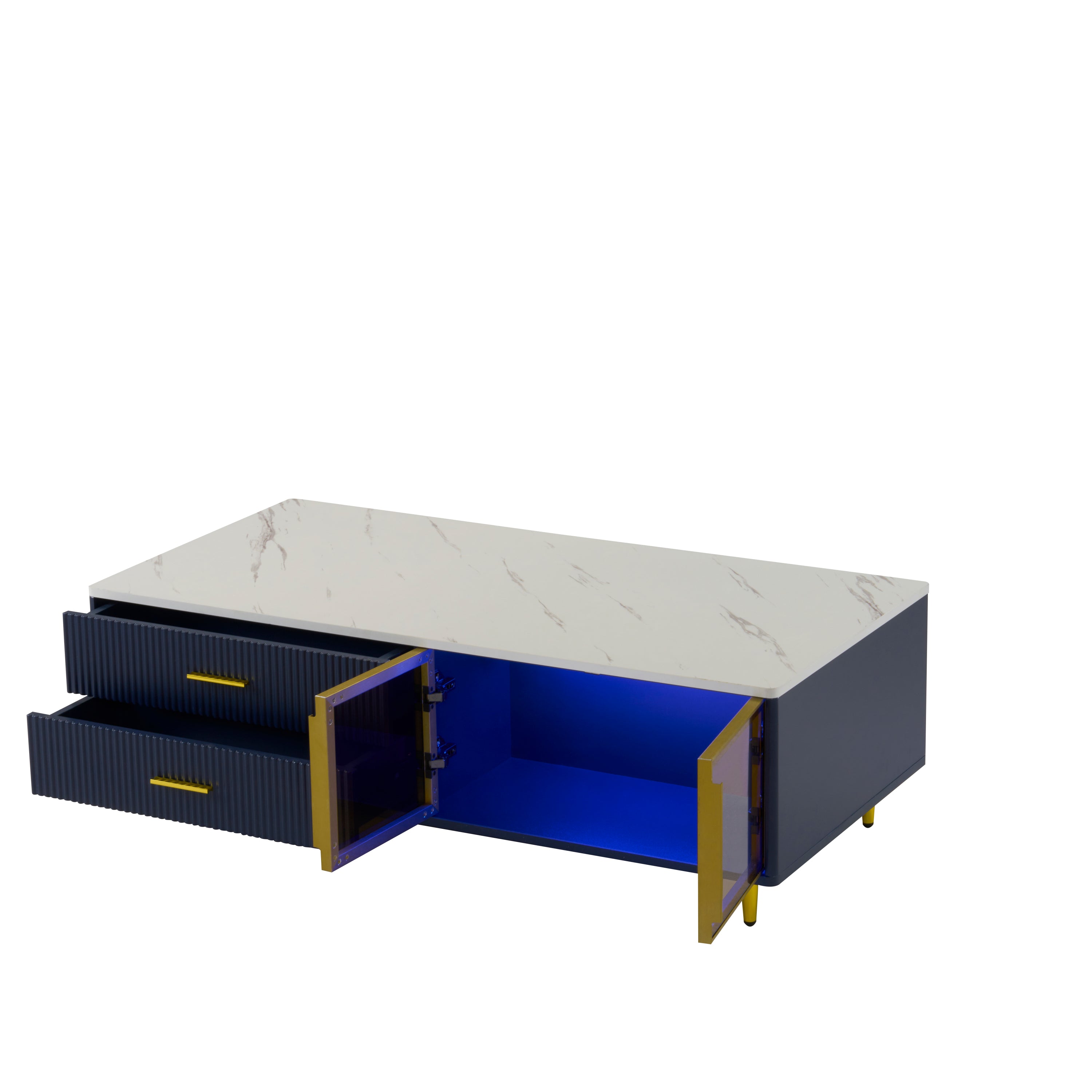 Modern Navy Blue Coffee Table with 2 Glass Door Storage, 4 Drawers, Gold Metal Legs, and Multi-Color Lighting in 47.2'' - Grand Goldman Shop