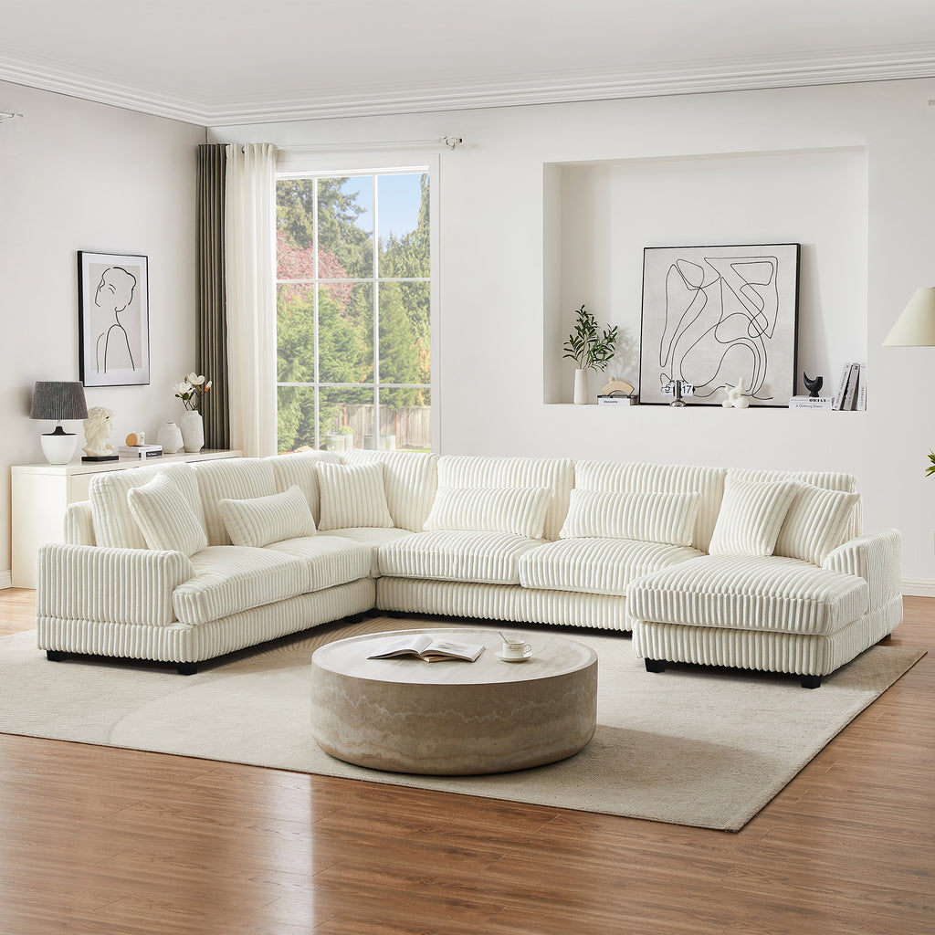 Modern Oversized U-shaped Sectional Sofa with Chaise Lounge in Beige Corduroy, 129' - Grand Goldman Shop