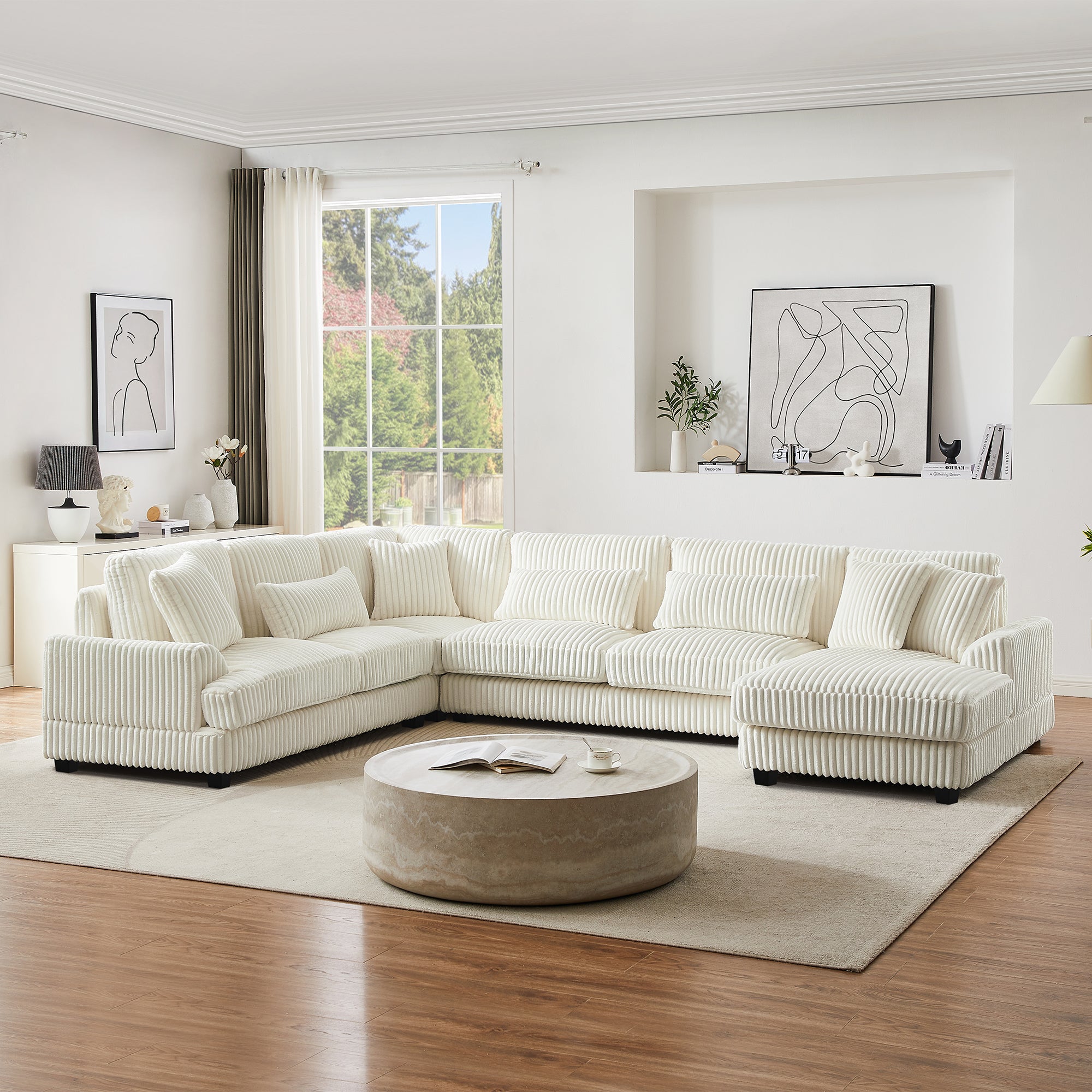 Modern Oversized U-shaped Sectional Sofa with Chaise Lounge in Beige Corduroy, 129' - Grand Goldman Shop