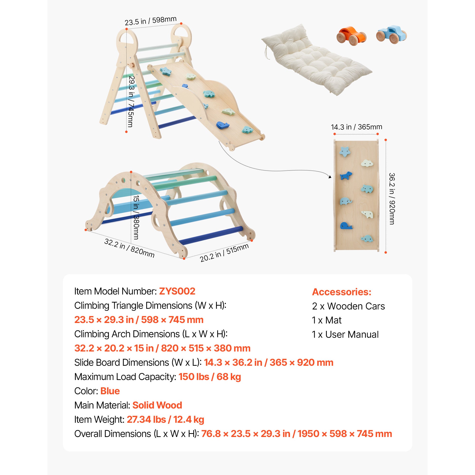 Pikler Triangle Set, 9-in-1 Toddler Climbing Toys Indoor, with 2 Wooden Cars, Cushion, Triangle, Arch, and Ramp, 150 lbs Load