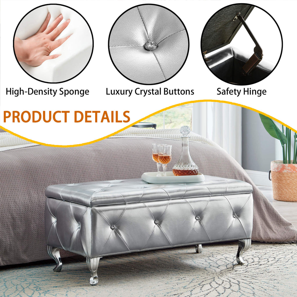 Upholstered Storage Ottoman Bench For Bedroom End Of Bed Faux Leather Rectangular Storage Benches Footrest With Crystal Buttons For Living Room Entryway (Silver) - Grand Goldman Shop