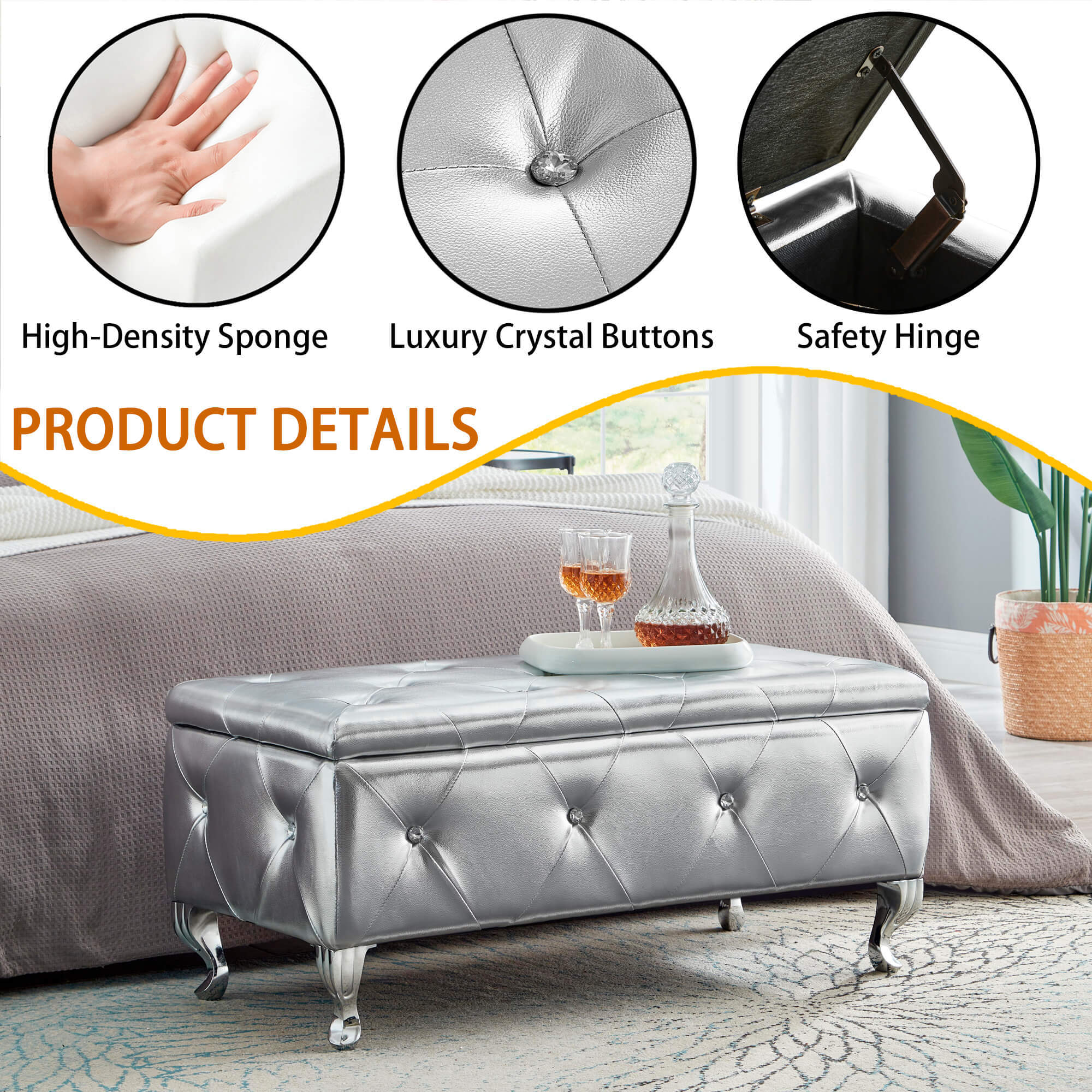 Upholstered Storage Ottoman Bench For Bedroom End Of Bed Faux Leather Rectangular Storage Benches Footrest With Crystal Buttons For Living Room Entryway (Silver) - Grand Goldman Shop