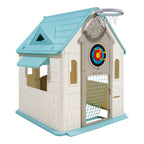 Outdoor Playhouse, 5-In-1 Cottage Play House with Pretend Play, Basketball, Darts, Soccer, Ring Toss, Window & Convenient Doo