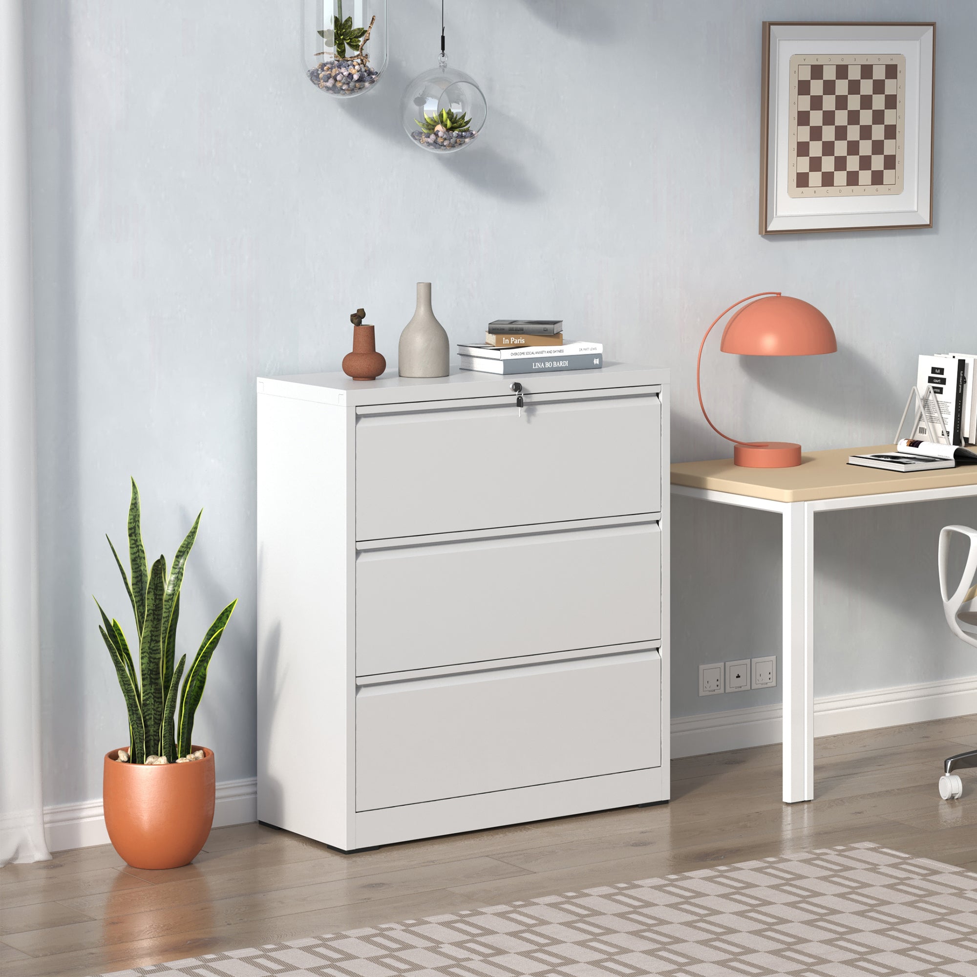 Modern White 3-Drawer Lateral File Cabinet with Lock for Home Office, Metal Filing Cabinet for Legal/Letter/A4/F4 Files | Pre