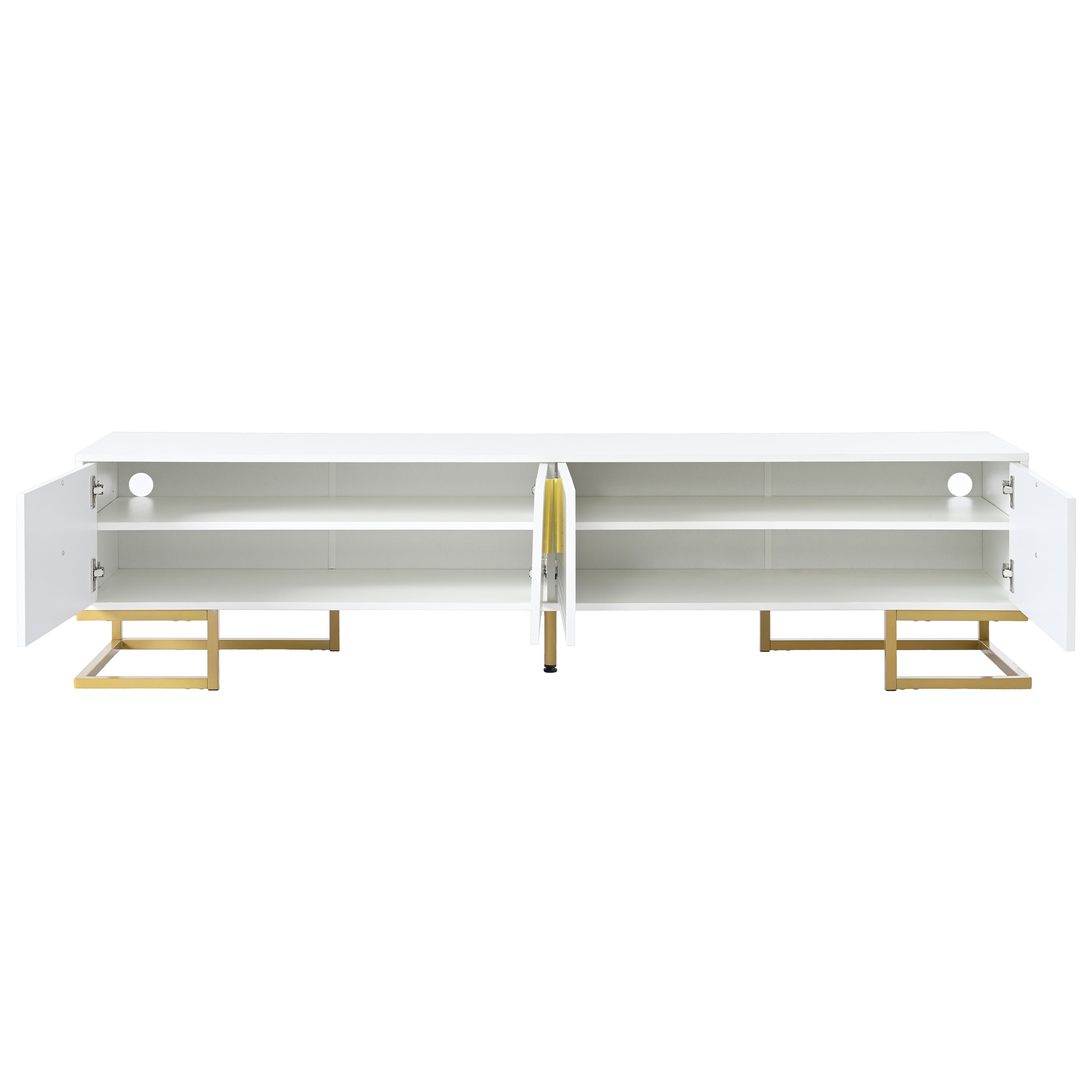 ON-TREND Modern TV Stand with Metal Legs and Gold Handles for TVs Up to 80'', Media Console Table with Cabinets and Adjustable Shelves, Luxury TV Cabinet with Geometric Lines for Living Room, White - Grand Goldman Shop
