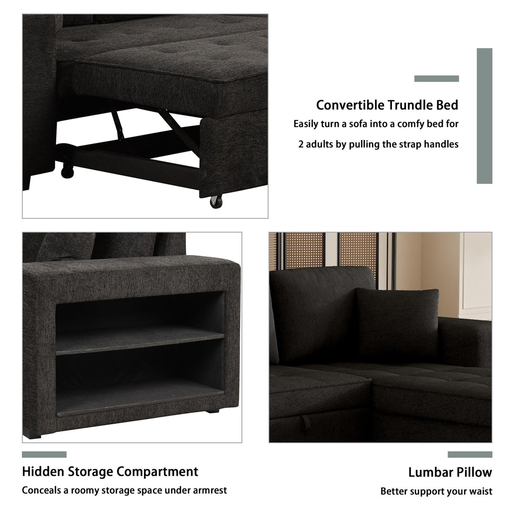 Modern L-Shape 3 Seat Reversible Sectional Couch with Pull Out Sleeper Sofa, Storage Chaise, 2 Stools, Charcoal Grey, Linen Chenille - Grand Goldman Shop