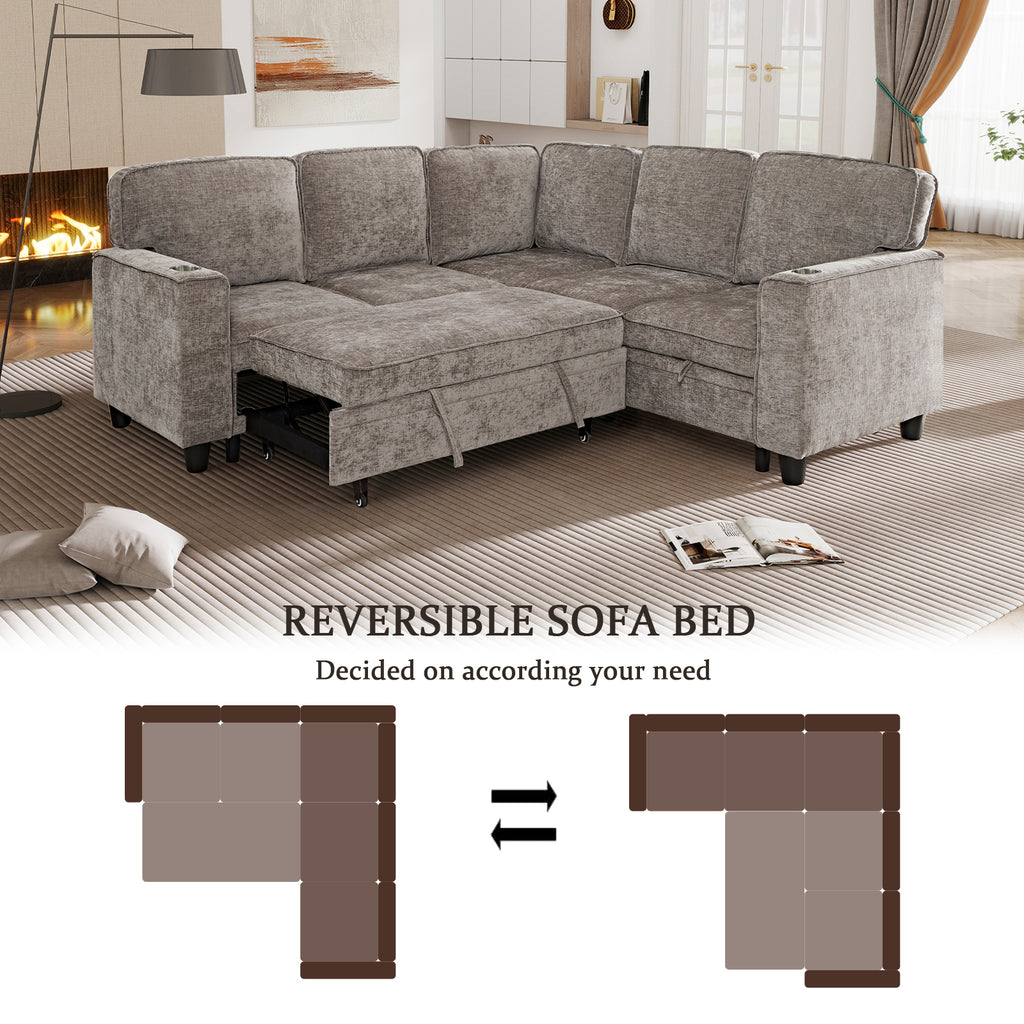 L-Shaped Sofa with Pull Out Sofa Bed, Sleeper Sofa Couch Bed with Storage Seat, 5 Seat Sectional Sofa Bed with USB, Sectional Sofa Couch for Living Room, Apartment, Light Brown - Grand Goldman Shop