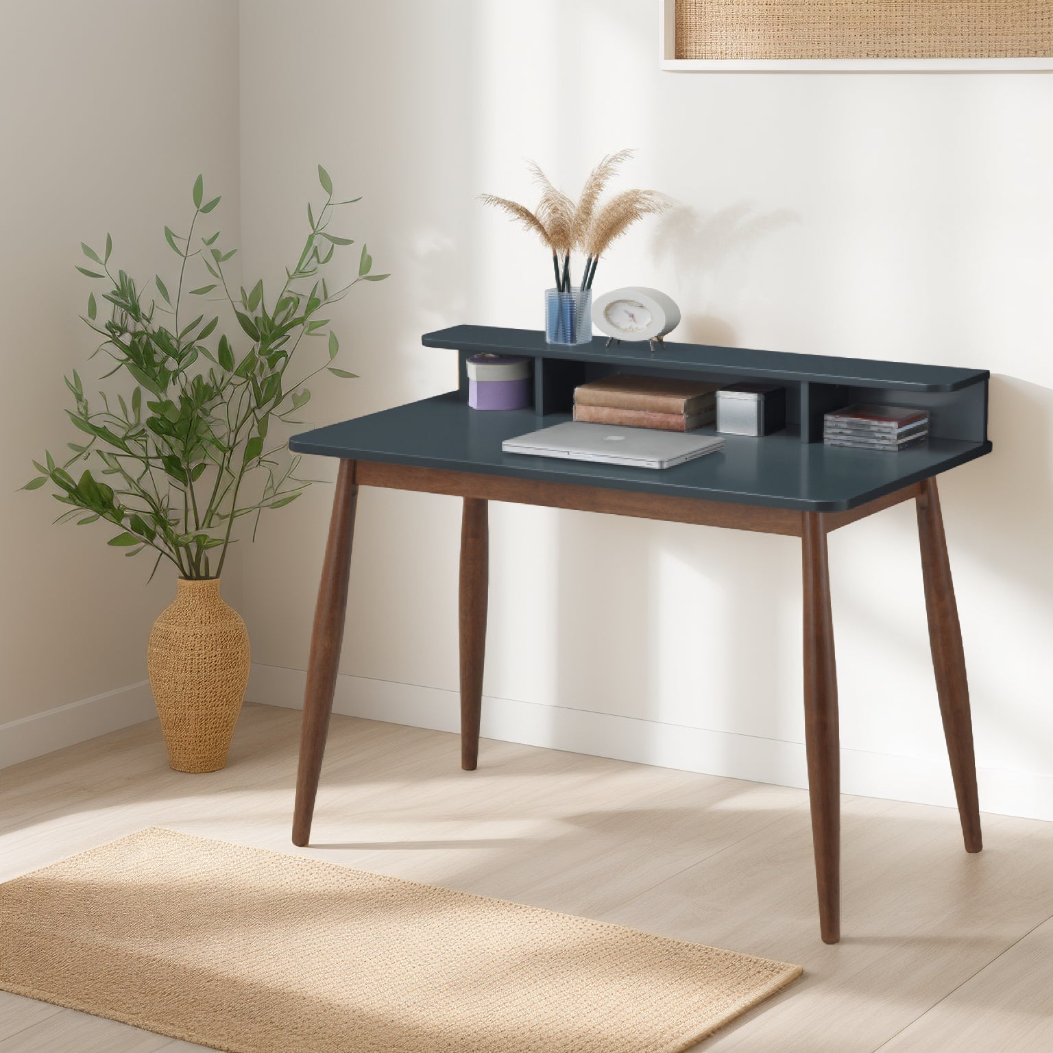 Roskilde Mid-Century Modern Wood Writing Desk with Hutch, Grey | Premium Home Decor - Grand Goldman