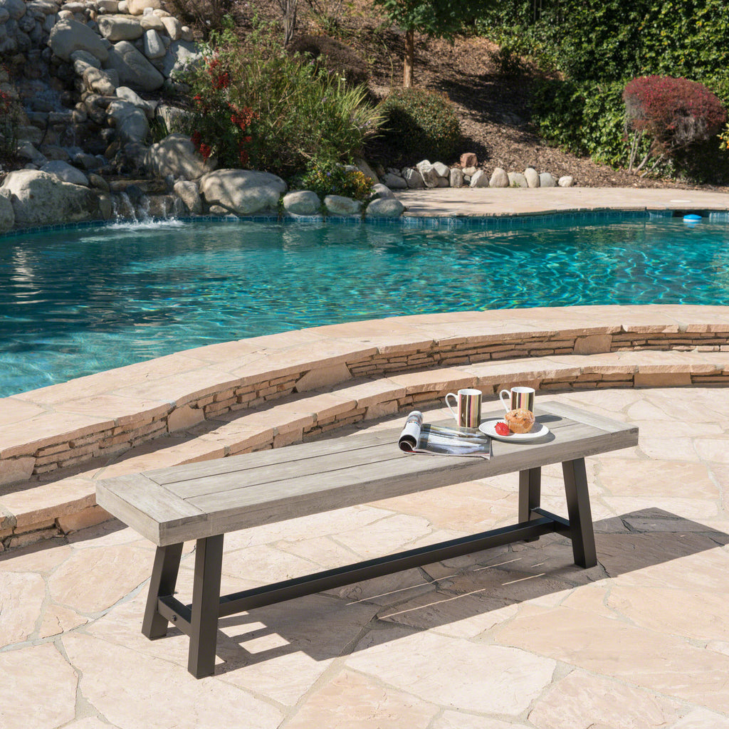 Tranquilizer Outdoor Acacia Wood Bench with Slat Panel Design, Sandblasted Light Gray + Black - Grand Goldman Shop