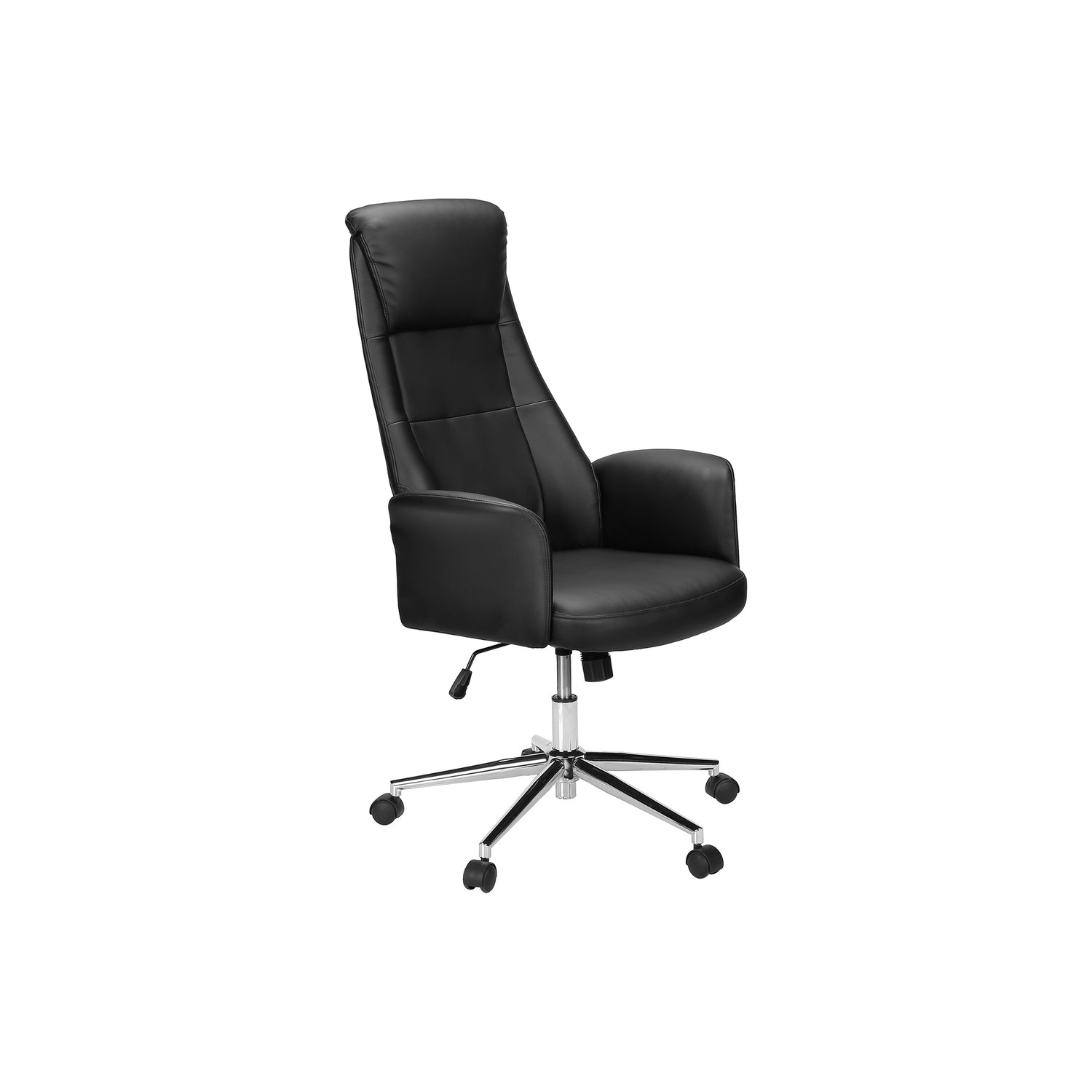 Contemporary Office Chair with Adjustable Height, Ergonomic Design, Black Leather-Look Upholstery, Chrome Metal Base, Modern 