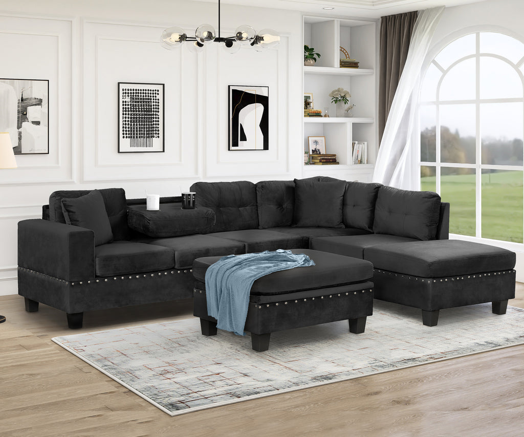 Modern Sectional Sofa with Storage Ottoman, L-Shape Couch with 2 Pillows and Cup Holders, Black Velvet, 105' - Grand Goldman Shop