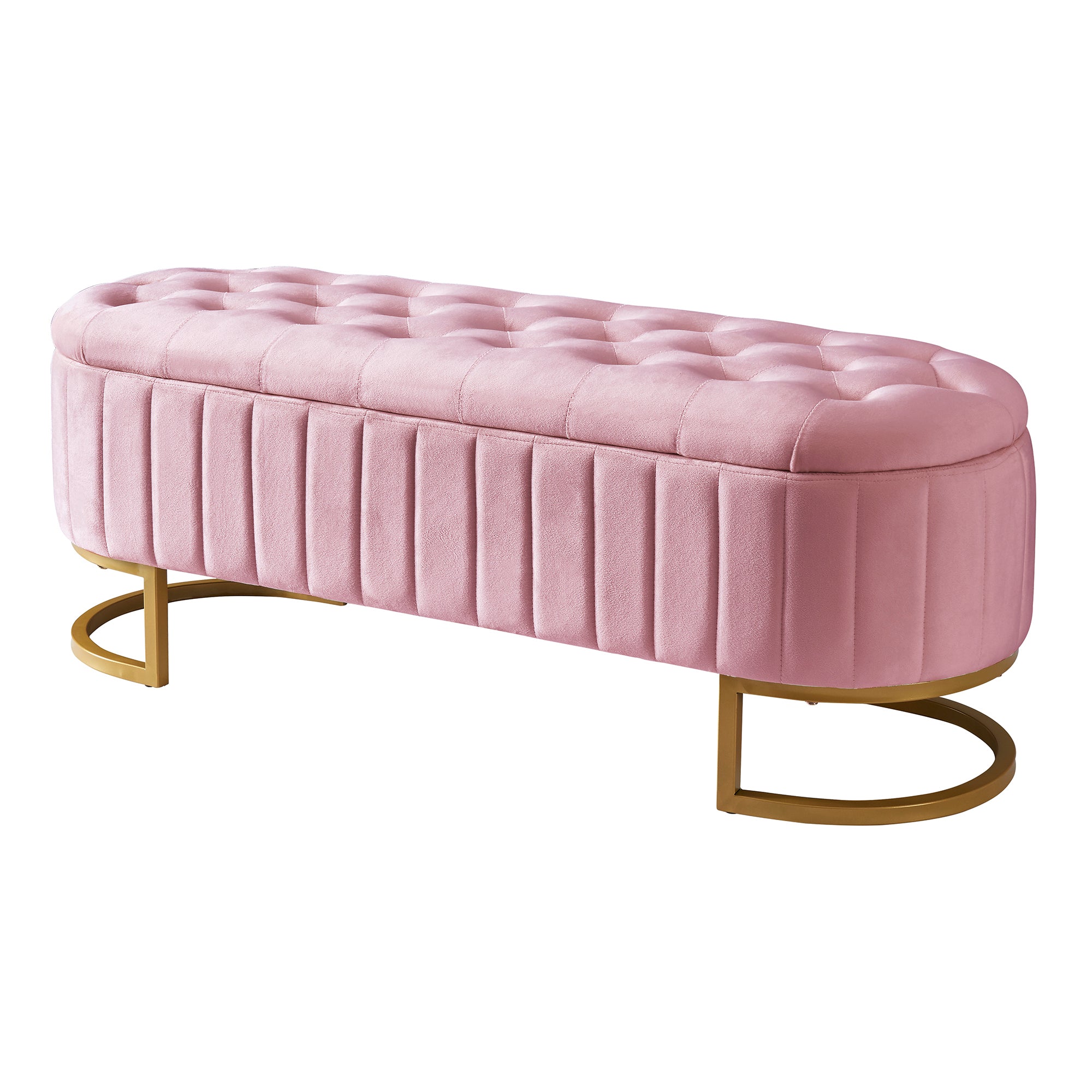 Elegant Upholstered Velvet Storage Ottoman with Button-Tufted,Storage Bench with Metal Legs for Bedroom,Living Room,Fully Assembled Except Legs,Pink - Grand Goldman Shop