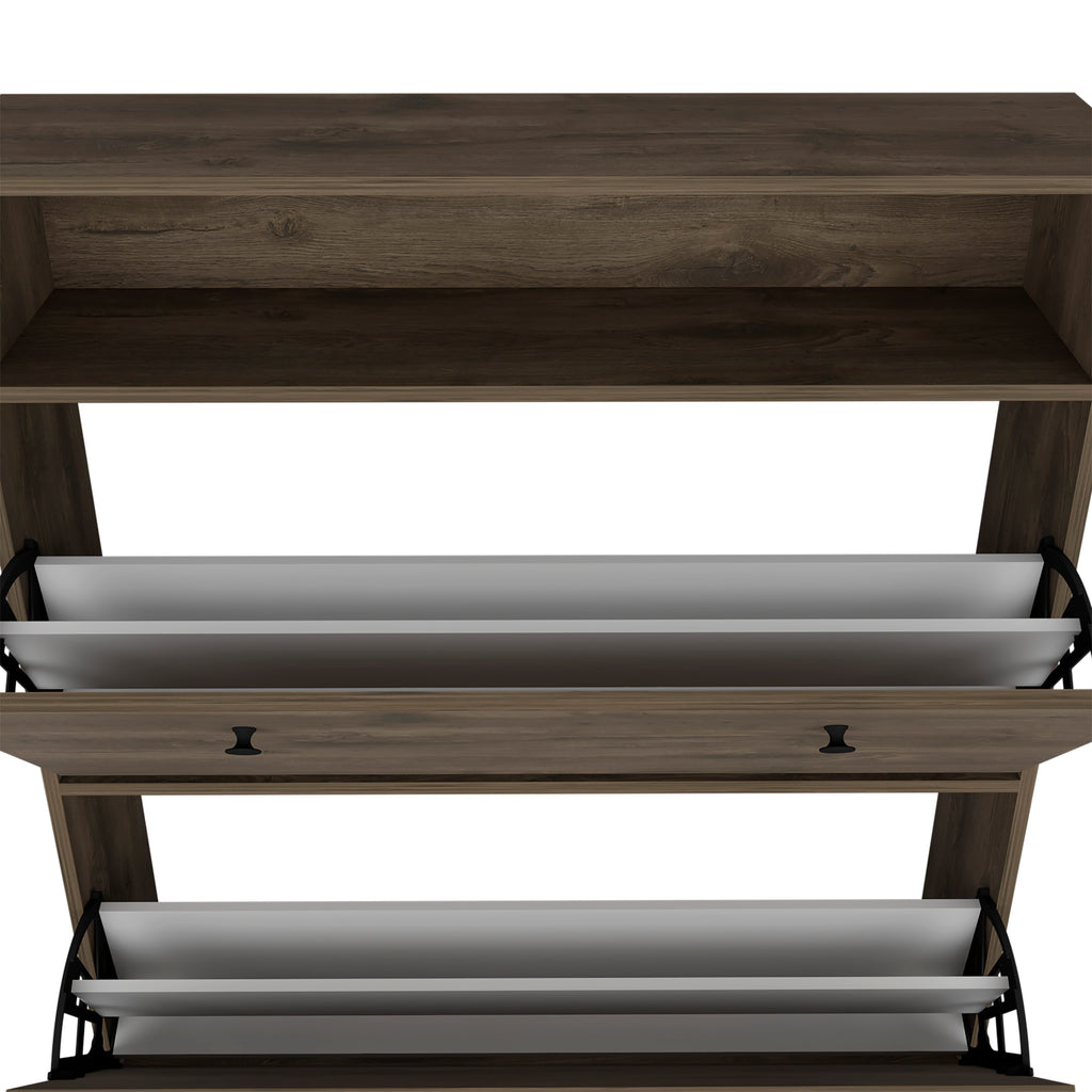 Calgary Shoe Rack, Superior Top, One Open Shelf, Two Extendable Shelves -Dark Brown - Grand Goldman Shop