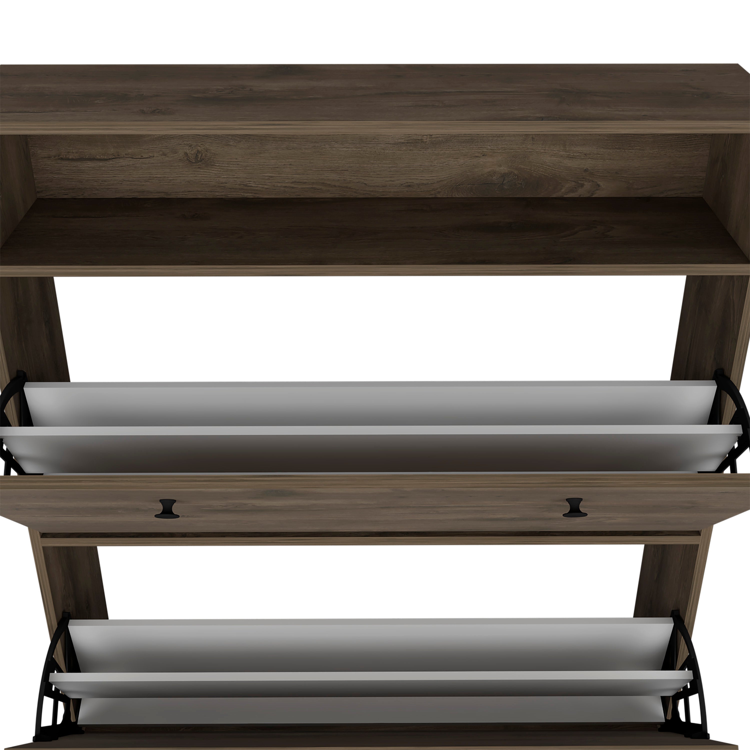 Calgary Shoe Rack, Superior Top, One Open Shelf, Two Extendable Shelves -Dark Brown - Grand Goldman Shop