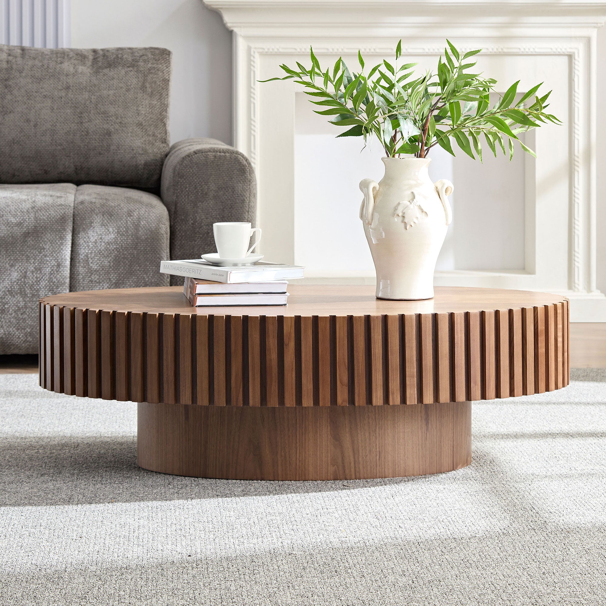 Modern Handcraft Drum Coffee Table Length 43.7 inch Ellipse Coffee Table for Living Room,Oval Small Coffee Table with Sturdy Pedestal,Walnut MDF,W2582P251185 - Grand Goldman Shop