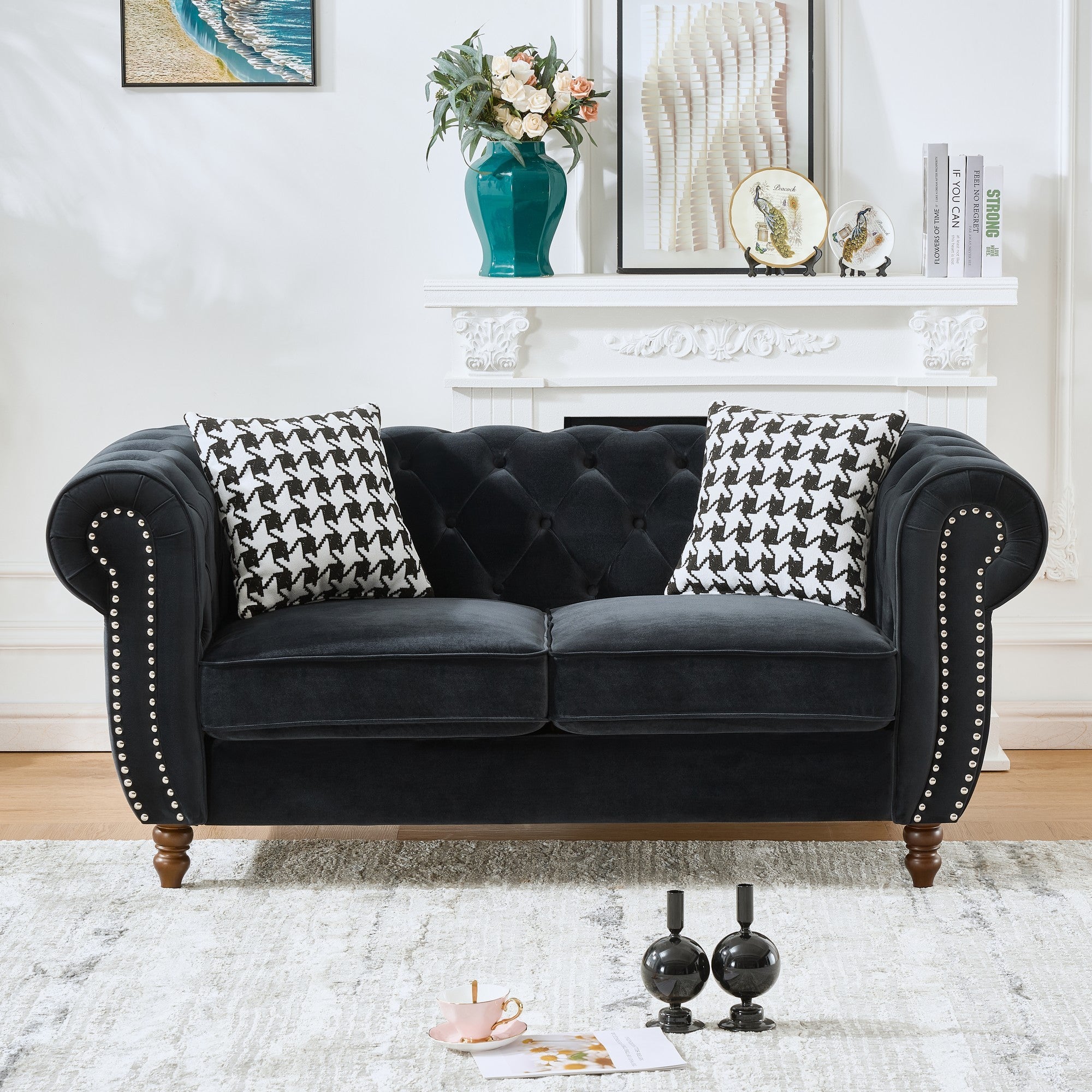 Mid Century Modern Chesterfield Velvet Sofa with Roll Armrest & Nailhead, Black, 67-Inch - Grand Goldman Shop