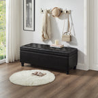 Upholstered tufted button storage bench ,Faux leather entry bench with spindle wooden legs, Bed bench- Black - Grand Goldman Shop