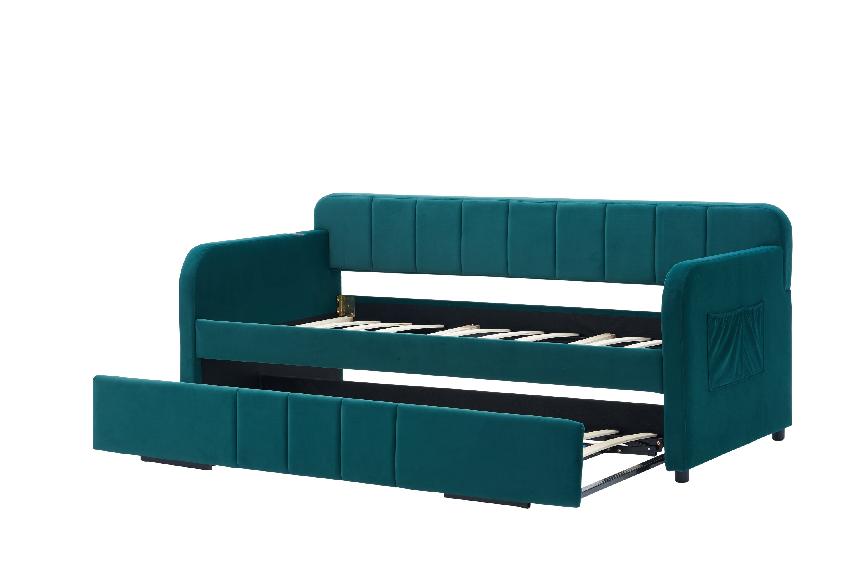 Twin Upholstered Daybed Frame with Trundle, Twin Size Sofa Bed for Bedroom Living Room Guest Room, Wood Slat Support,Emerald - Grand Goldman Shop