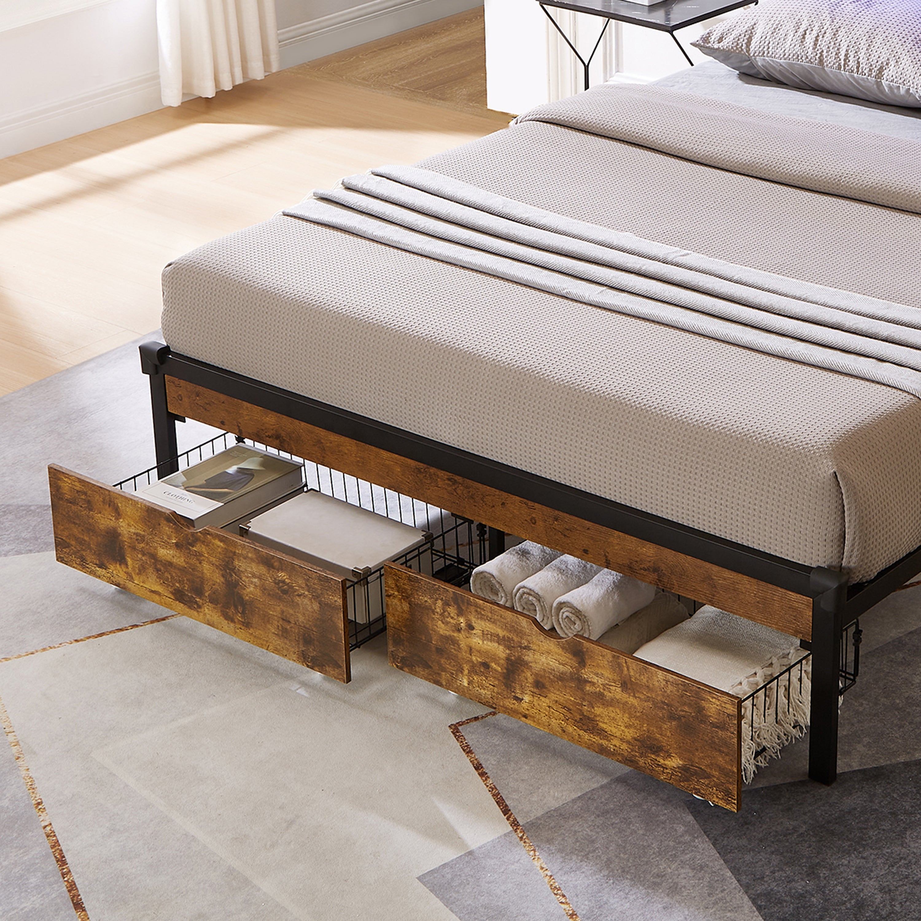 Modern Style Full Bed Drawers with Wheels Storage Solution Brown+Black MDF+Metal 25x15.7x7.7 inches - Grand Goldman Shop